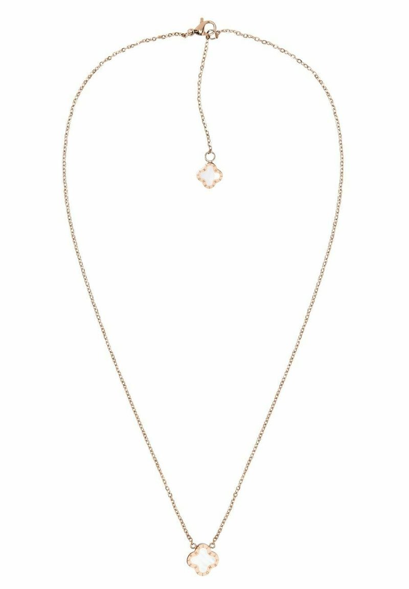 Collier en chaîne dorée avec un pendentif en forme de fleur avec un centre translucide. Maillons délicats et fermoir à homard.