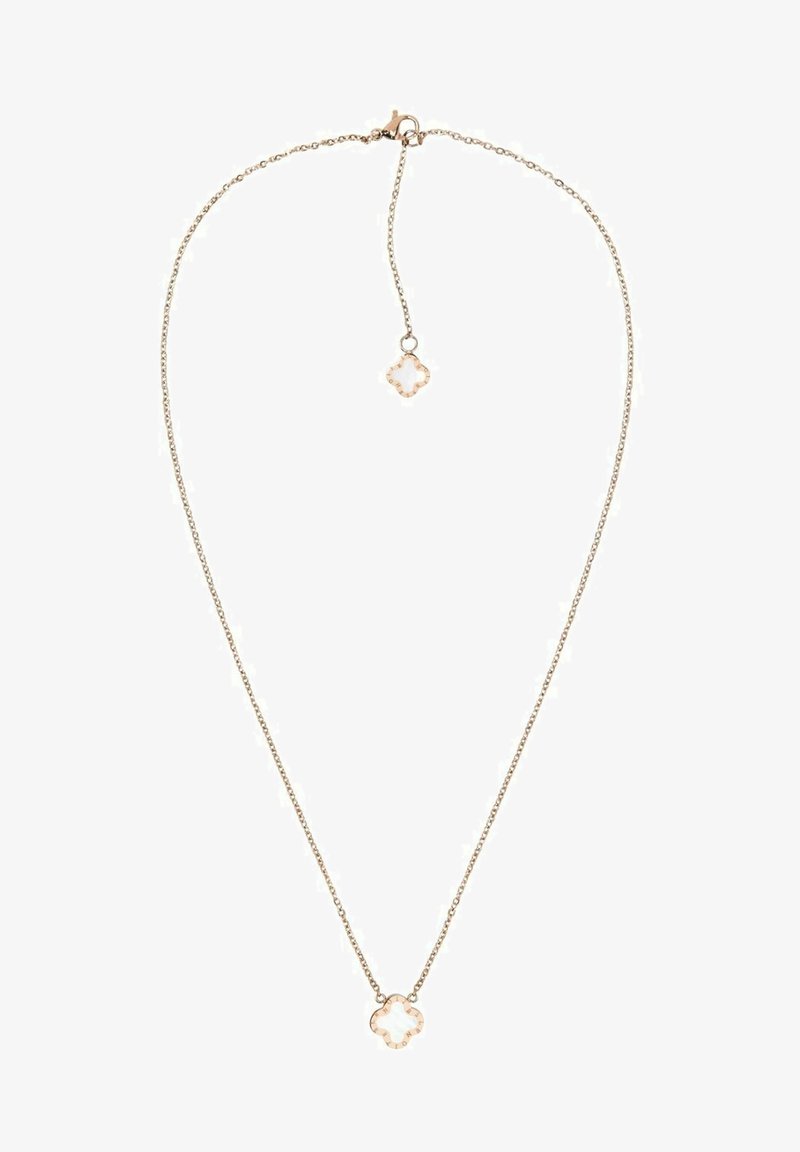 Collier en chaîne dorée avec un pendentif en forme de fleur avec un centre translucide. Maillons délicats et fermoir à homard.