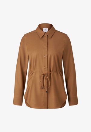 Braunes Langarm-Hemd mit Knopfverschluss, spitzem Kragen und verstellbarem Gürtel in der Taille, abgerundeter Saum.