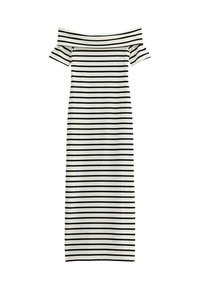 Off-shoulder randig klänning i svart och vitt. Tajt design med korta volangärmar och lång längd. Mjuk, stretchig tyg.
