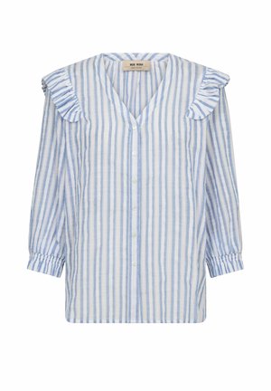 Blau-weiß gestreifte Bluse mit langen Ärmeln, durchgehender Knopfleiste, V-Ausschnitt und gerafften Schulterdetails.