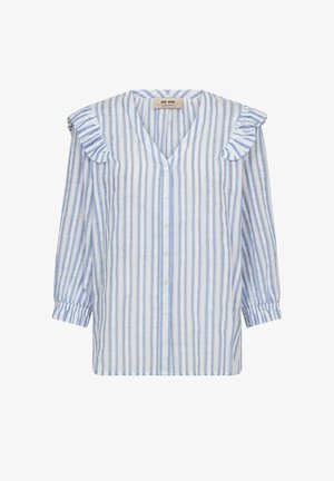Blau-weiß gestreifte Bluse mit langen Ärmeln, durchgehender Knopfleiste, V-Ausschnitt und gerafften Schulterdetails.