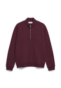 Bordeaux sweatshirt van zachte stof, met een hoge kraag en een korte rits aan de voorkant. Het ontwerp heeft een opvallende horizontale naad-details.