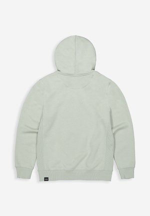 Lichtgroene hoodie met een ronde kap, ribgebreide boorden en onderkant, en stiksel aan de zijkanten. Zachte stof met een gladde textuur. Geen zichtbare logo's.