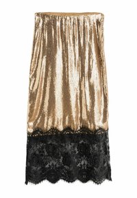 Goldener Paillettenrock mit elastischem Taillenbund, der am Saum mit schwarzer Spitze verziert ist. Glatte Textur mit Schimmer und floralem Spitzenmuster.