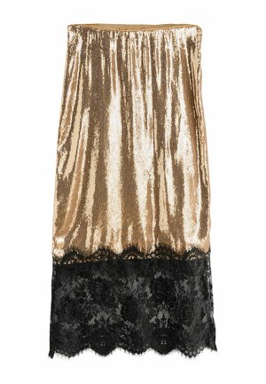 Goldener Paillettenrock mit elastischem Taillenbund, der am Saum mit schwarzer Spitze verziert ist. Glatte Textur mit Schimmer und floralem Spitzenmuster.