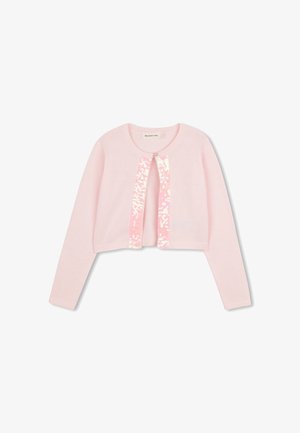 Różowy krótki kardigan z długimi rękawami, z centralnym paskiem cekinów. Miękki, dzianinowy materiał, okrągły dekolt i zapięcie na guziki.