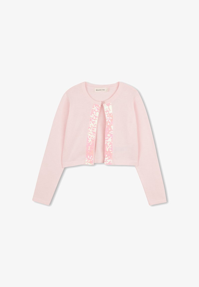 Cardigan court rose avec manches longues, présentant une bande centrale de sequins. Matière maille douce, col rond et fermeture à boutons.