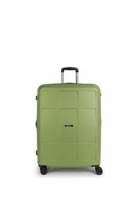 Valigia rigida di colore verde chiaro, rettangolare con design a pannello quadrato, manico estensibile nero e quattro ruote per la mobilità.