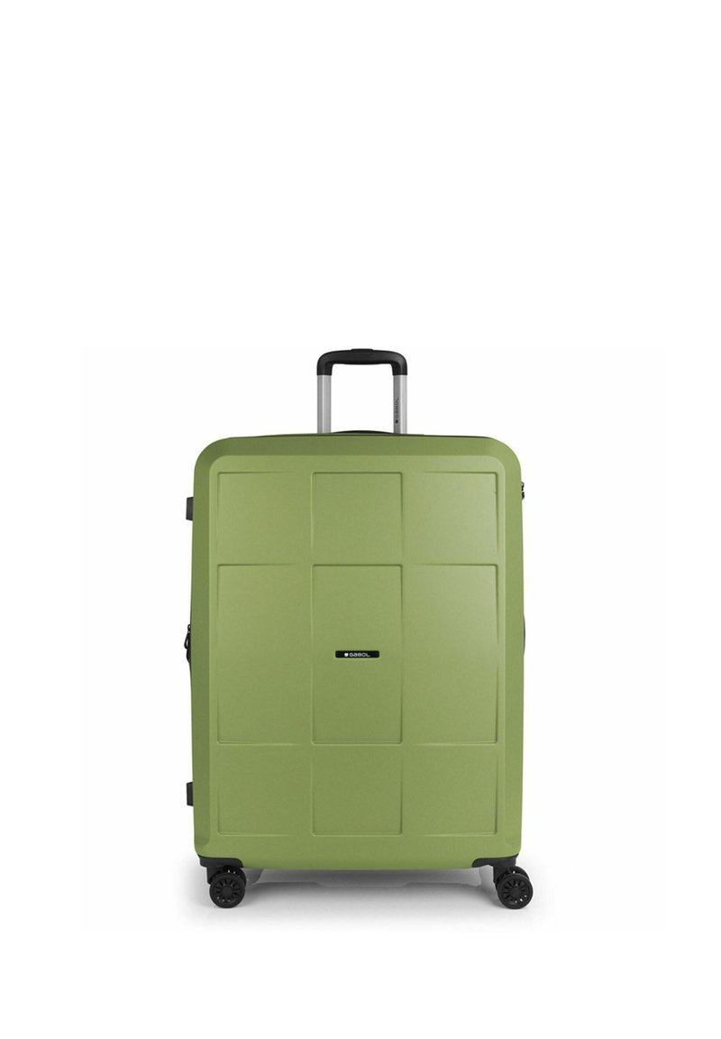 Valigia rigida di colore verde chiaro, rettangolare con design a pannello quadrato, manico estensibile nero e quattro ruote per la mobilità.