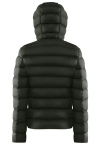 Tmavě zelená prošívaná péřová bunda s kapucí, prošívaným designem, elastickými lemy na rukávech a hladkou, lesklou texturou. Zobrazen zadní pohled.