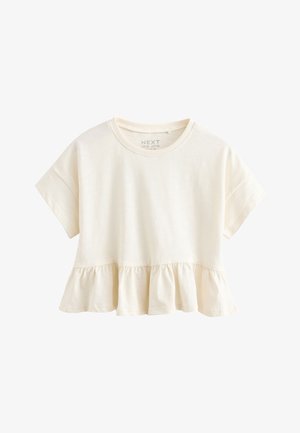 Kremno obarvana bluza s kratkimi rokavi in okrolim ovratnikom ter nabranim robom, iz mehkega blaga, ženska priložnostna majica.