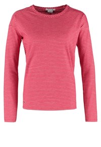Camicia a maniche lunghe a righe rosa realizzata in tessuto morbido, con scollatura tonda e un piccolo logo sull'orlo.