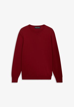 Dlouhý rukáv s kulatým výstřihem a bordó svetr s žebrovanými manžetami a lemem, zobrazený na bílém pozadí.