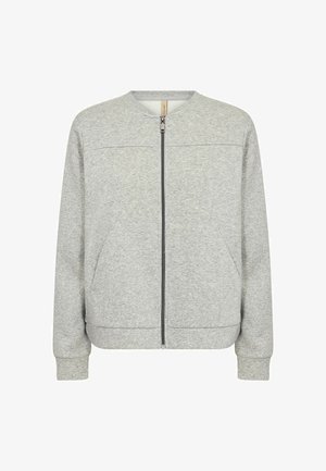 Hellgraue Bomberjacke mit Reißverschluss aus weichem Material, mit rundem Ausschnitt, gerippten Bündchen und zwei seitlichen Taschen. Schlichtes und funktionales Design.