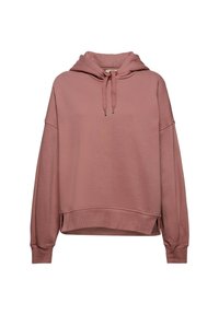 Sweat à capuche rose poudré avec manches longues, cordons à l'avant, poignets côtelés et un ourlet légèrement raccourci avec fentes latérales.