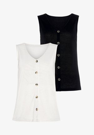 Deux débardeurs sans manches, un blanc et un noir, avec un col en V et sept boutons métalliques sur le devant, en tissu doux.