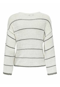 Sweater blanc en maille avec des rayures horizontales grises, offrant une coupe décontractée, des manches longues et un large col rond. Finition texturée et bords côtelés.