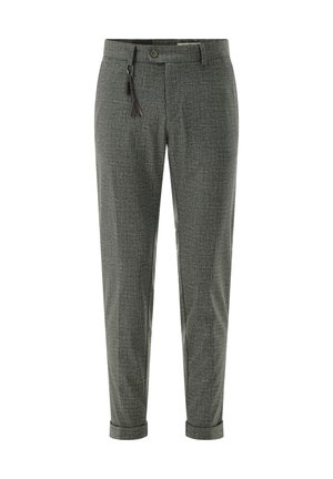 Gray tailored pants with belt loops, button closure, side pockets, cuffed hems, and a small decorative black tassel on the left side.