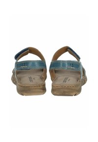 Sandalias de cuero azul con una suela texturizada marrón. La vista trasera muestra una correa ajustable y una construcción ligera. Diseño sencillo con detalles de costura.