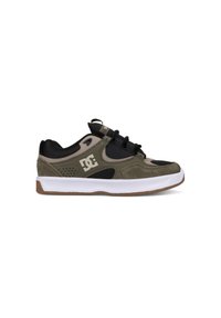 Athletic shoes in olive green and black, made of suede and mesh with a white midsole. Features perforations and DC logo on the side.