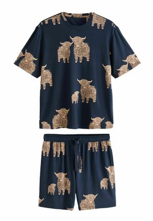 Granatowy zestaw koszulka z krótkim rękawem i krótkie spodenki z jasnobrązowym nadrukiem wzoru krowy wysokogórskiej i cielęcia, elastyczny pas i sznurek w spodenkach.