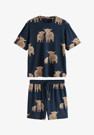 Sada tmavě modré košile s krátkým rukávem a kraťasů s motivem světle hnědého vysockého skotu a telátka, elastickým pasem a šňůrkou na kraťasech.