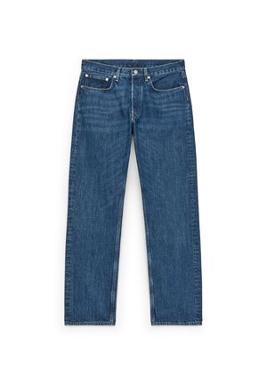 Blauwe spijkerbroek met een rechte pijp, vier zakken en metalen hardware details. De stof heeft een lichte textuur en een gelijkmatige wassing.