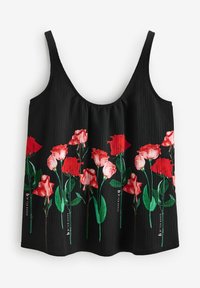 Top nero senza maniche con spalline sottili, caratterizzato da un motivo floreale di rose rosse e rosa su una superficie testurizzata. I dettagli includono fusti verdi.