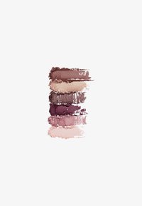 Cosmetic swatches on a white background, featuring five shades: deep plum, rose, mauve, beige, and light pink. Soft, powdery texture.