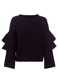 Schwarzer Pullover mit geschichteten Rüschensleeves. Verfügt über einen runden Ausschnitt und eine lockere Passform. Hergestellt aus weichem, strukturiertem Stoff.