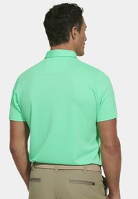 Lichtgroen poloshirt van een gestructureerde stof, met korte mouwen en een kraag. Draag het met tan kleurige broek en een geweven riem.