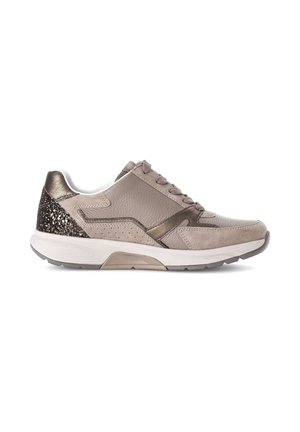 Light beige leather sneaker with a textured upper, metallic accents, and a glittery heel. Features a white sole and lace-up design.