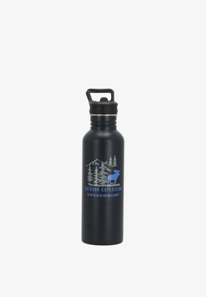 Bouteille d'eau en métal noir avec un couvercle à bascule noir, arborant un design d'extérieur bleu et gris avec des arbres, une montagne, un élan et le texte "Outdoor Expedition Swedemount".