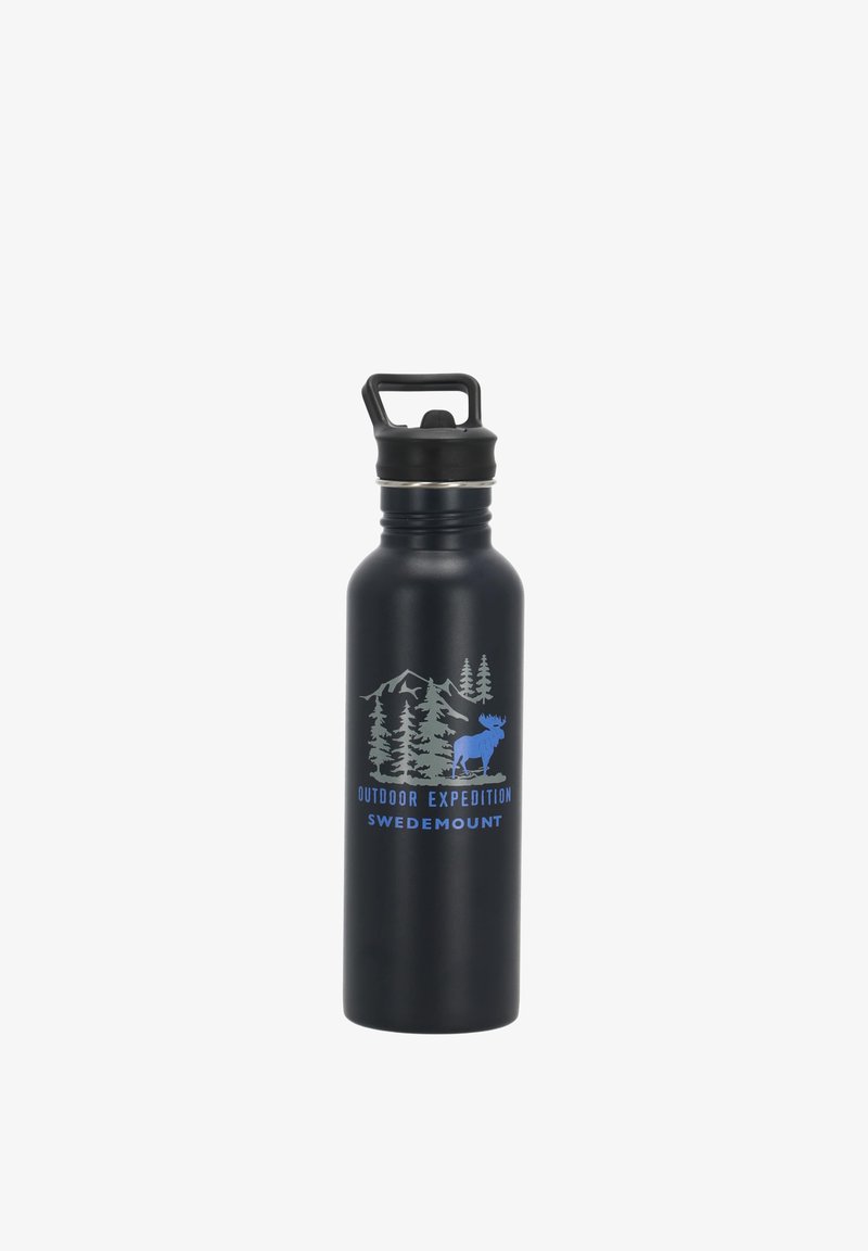 Black metal water bottle with black flip-top lid, featuring blue and gray outdoor-themed design of trees, mountain, moose, and "Outdoor Expedition Swedemount" text.
