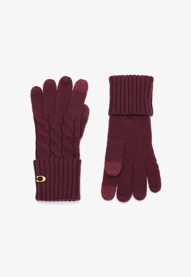 Maroon knitted gloves featuring a cable-knit pattern on the wrist and ribbed cuffs. Touchscreen-compatible fingertips are included.