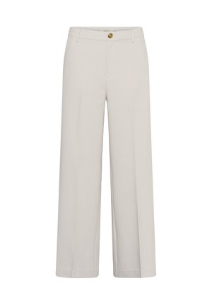 Pantalon à jambes larges couleur blanc cassé avec taille haute, passants pour ceinture, fermeture avant par bouton, et une finition soignée et ajustée.
