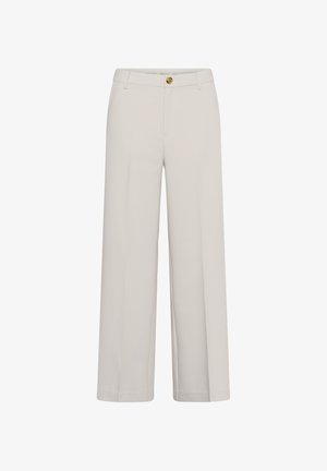 Pantalon à jambes larges couleur blanc cassé avec taille haute, passants pour ceinture, fermeture avant par bouton, et une finition soignée et ajustée.