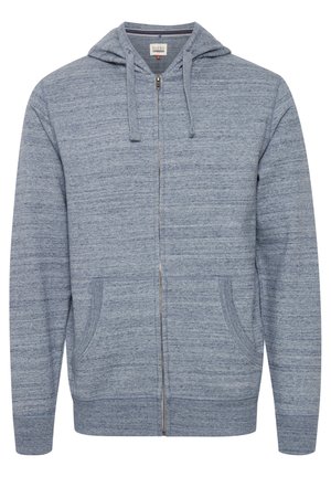 Hoodie mit Reißverschluss aus strukturiertem hellblauem Stoff. Verfügt über zwei Fronttaschen, gerippte Bündchen und Saum. Einfaches, lässiges Design.