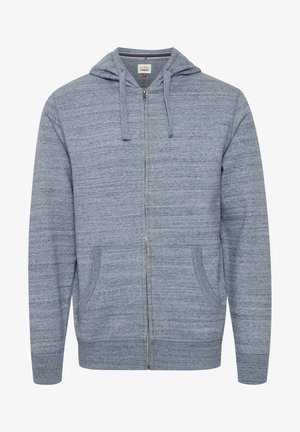 Hoodie mit Reißverschluss aus strukturiertem hellblauem Stoff. Verfügt über zwei Fronttaschen, gerippte Bündchen und Saum. Einfaches, lässiges Design.