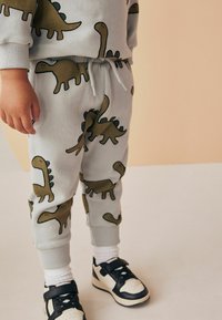 Grå sweatpants med dinosaurtryk i grøn og sort. Elastisk talje med snor, ribstrikkede manchetter, parret med sort og hvidt sneakers.