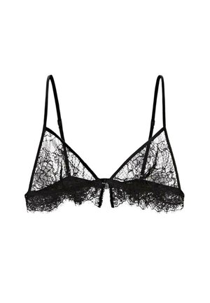 Černý krajkový bralet s trojúhelníkovými košíčky, tenkými nastavitelnými ramínky, jemným krajkovým lemem na spodním okraji a zapínáním na háček vpředu.