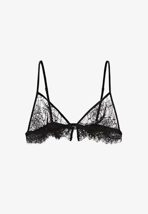Černý krajkový bralet s trojúhelníkovými košíčky, tenkými nastavitelnými ramínky, jemným krajkovým lemem na spodním okraji a zapínáním na háček vpředu.