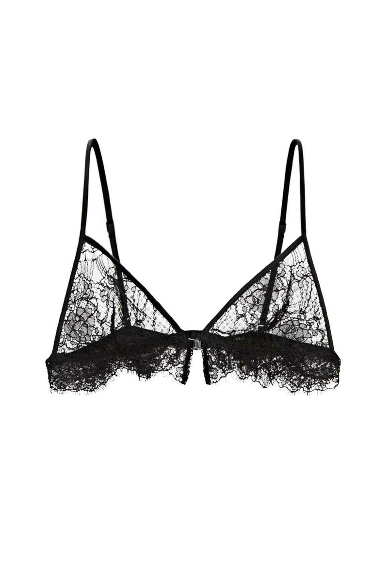 Black lace bralette with triangular cups, thin adjustable straps, delicate lace trim along the bottom, and a front hook closure.