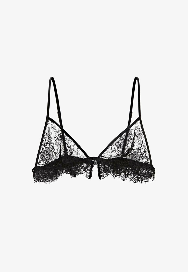 Black lace bralette with triangular cups, thin adjustable straps, delicate lace trim along the bottom, and a front hook closure.