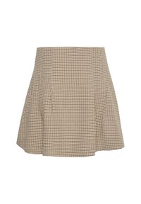 Jupe courte à carreaux marron et crème, présentant un design évasé, des plis et une texture de tissu lisse.