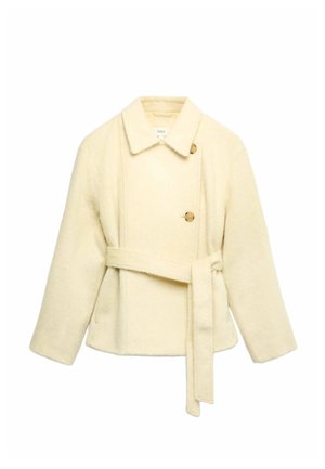 Crèmekleurig jack met een textuur en een zachte stof, voorzien van een reverkraag, dubbele knopen en een ceintuur die in de taille gestrikt is.