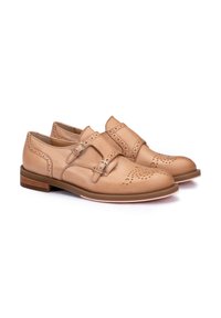 Helle hellbraune Lederschuhe zeichnen sich durch zwei verstellbare Schnallen, eine Broguemusterung an der Zehe und einen niedrigen Blockabsatz aus. Glatte Textur und eleganter Schnitt.