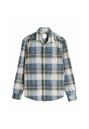 Checkered flannel shirt with blue, gray, and tan colors; features long sleeves, two chest pockets, and button front. Soft texture.