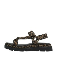 Sandaler med leopardmønster, svart gummisåle, justerbare stropper og flatt design. Har metalliske detaljer og en teksturert overflate.